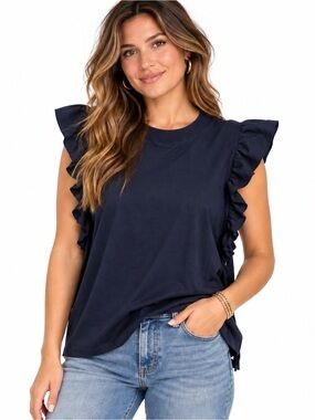 NATION Los Angeles Paulette Ruffle Sleeve Tank - Navy‎ blue XXL
